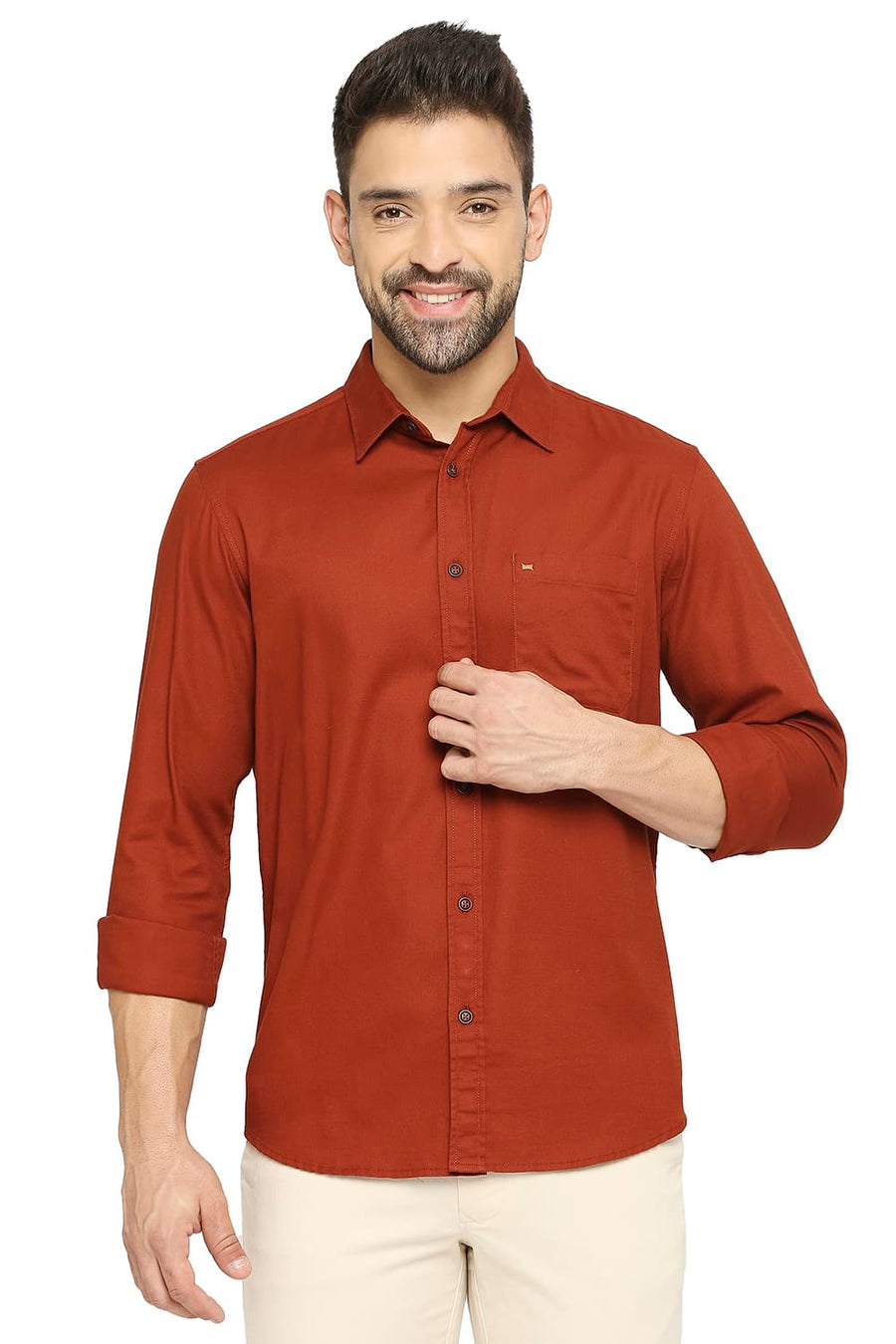 BASICS SLIM FIT BOMBAY BRICK COTTON BROKEN TWILL SHIRT