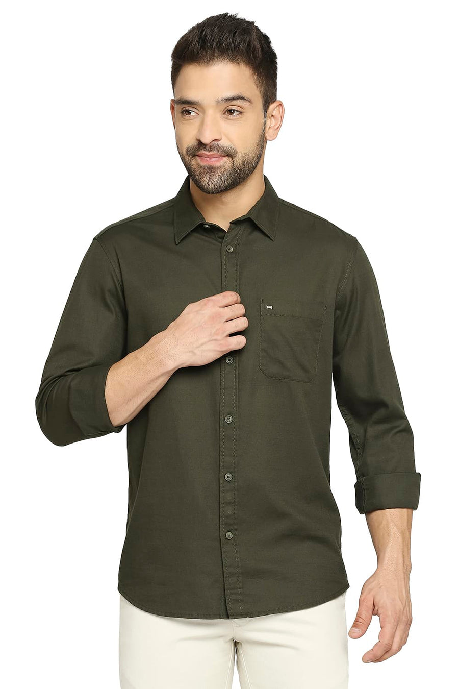BASICS SLIM FIT PINE GREEN COTTON BROKEN TWILL SHIRT