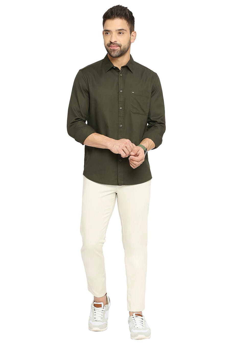 BASICS SLIM FIT PINE GREEN COTTON BROKEN TWILL SHIRT
