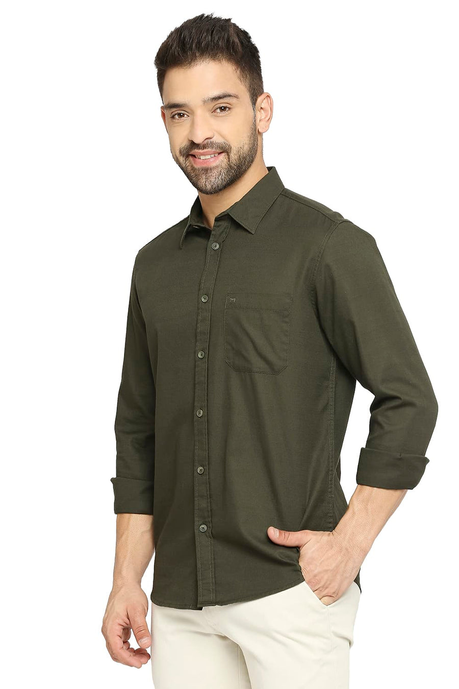 BASICS SLIM FIT PINE GREEN COTTON BROKEN TWILL SHIRT