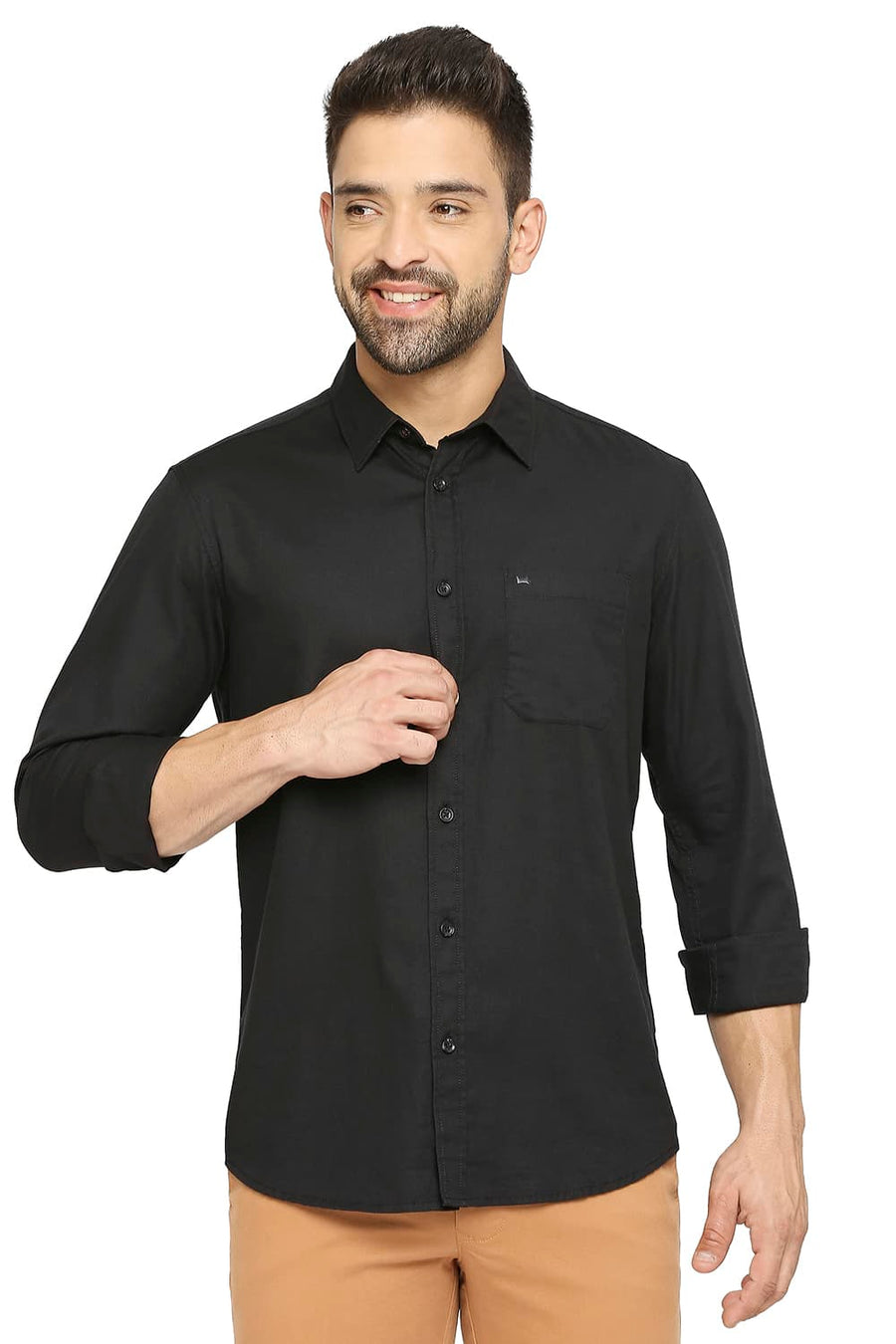 BASICS SLIM FIT ASPHALT BLACK COTTON BROKEN TWILL SHIRT