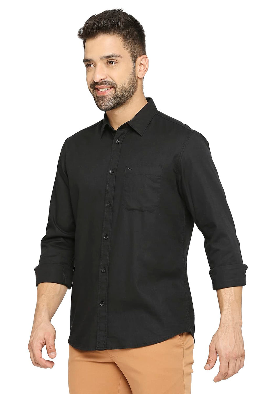 BASICS SLIM FIT ASPHALT BLACK COTTON BROKEN TWILL SHIRT