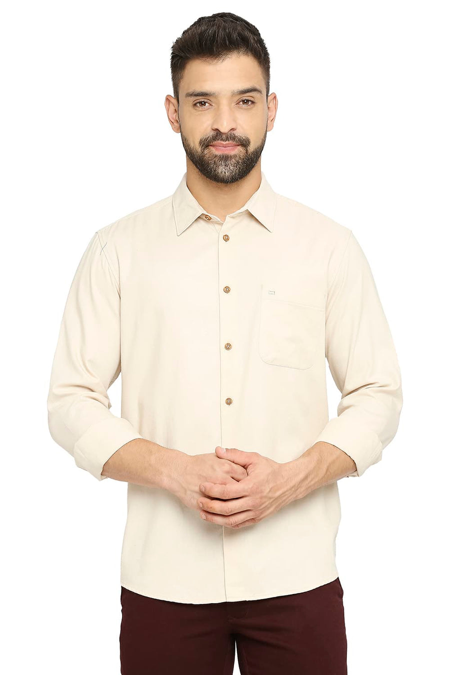 BASICS SLIM FIT PARCHMENT BEIGE POLYESTER COTTON LYOCELL TWILL SHIRT