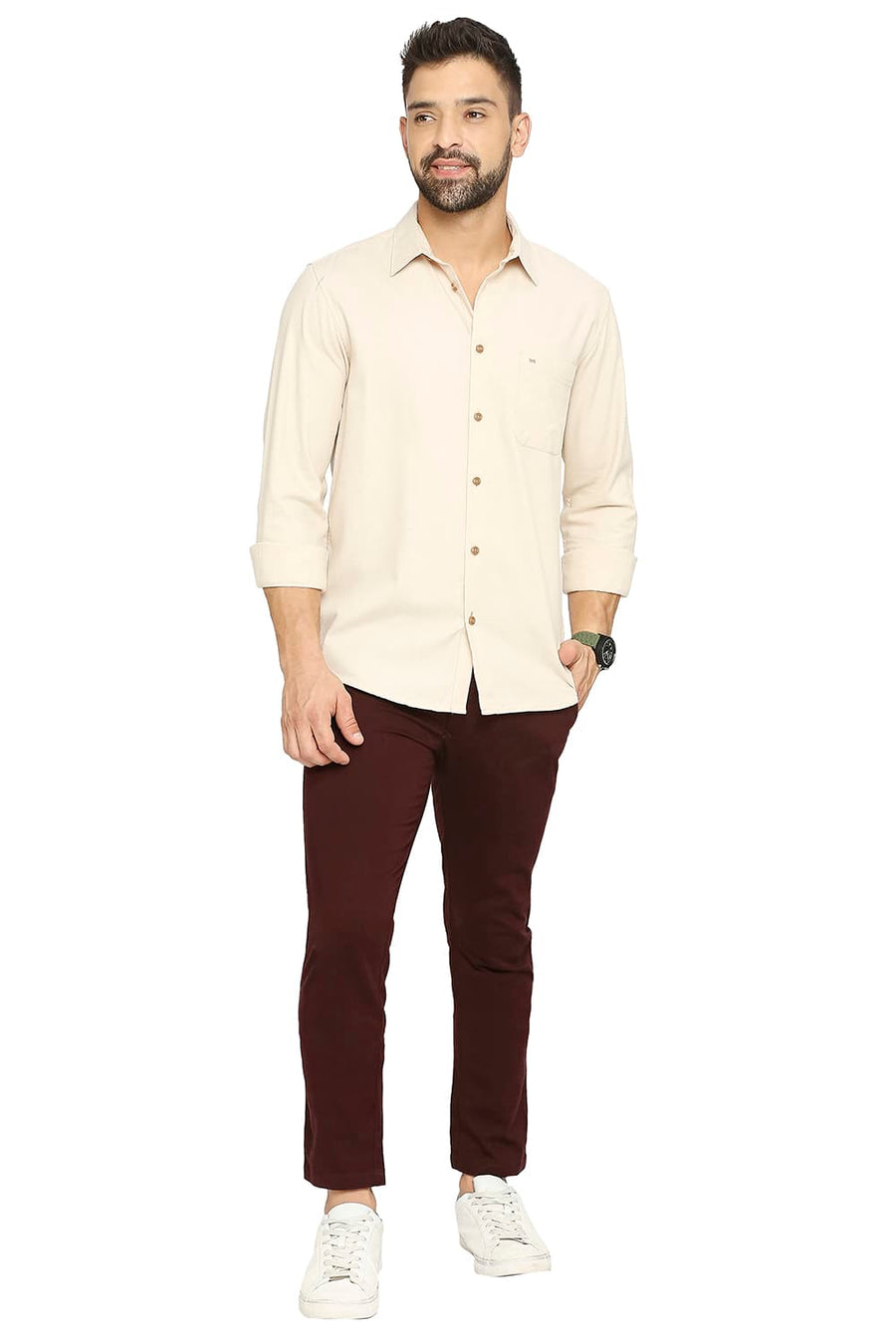 BASICS SLIM FIT PARCHMENT BEIGE POLYESTER COTTON LYOCELL TWILL SHIRT