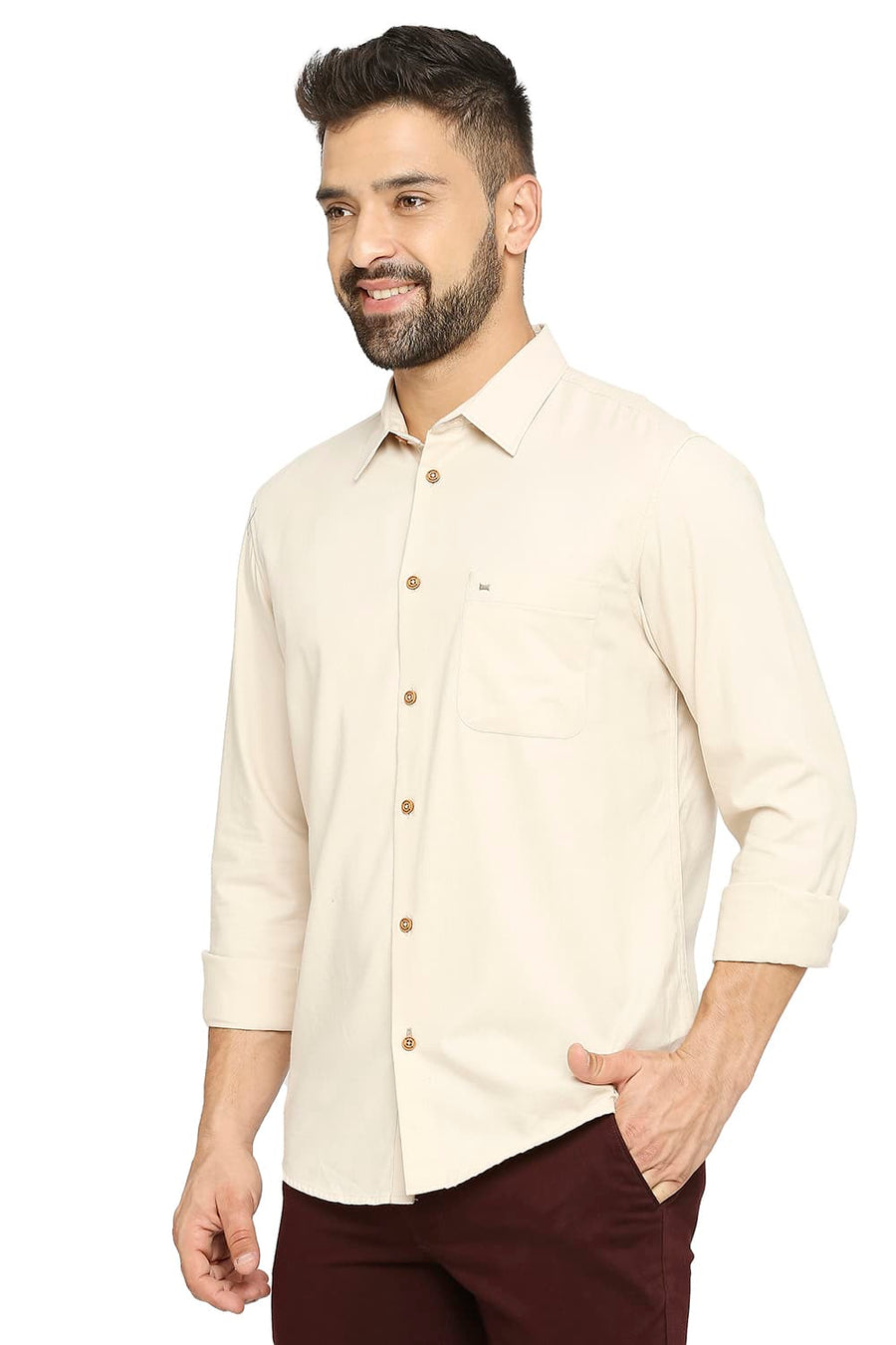 BASICS SLIM FIT PARCHMENT BEIGE POLYESTER COTTON LYOCELL TWILL SHIRT