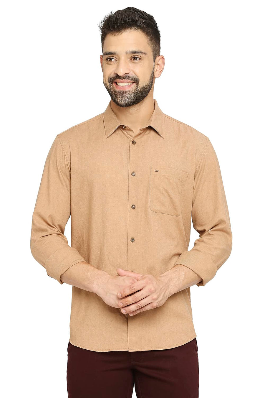 BASICS SLIM FIT LION KHAKI POLYESTER COTTON LYOCELL TWILL SHIRT