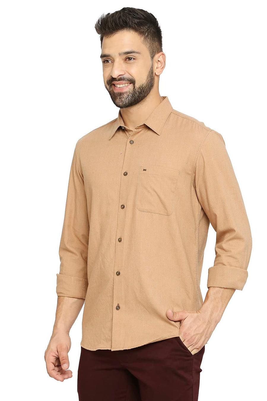 BASICS SLIM FIT LION KHAKI POLYESTER COTTON LYOCELL TWILL SHIRT