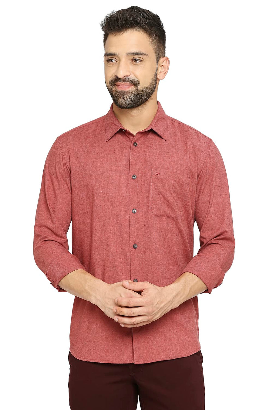BASICS SLIM FIT ROCOCCO RED POLYESTER COTTON LYOCELL TWILL SHIRT