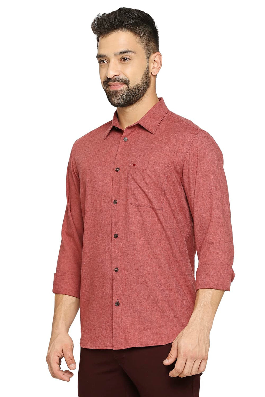 BASICS SLIM FIT ROCOCCO RED POLYESTER COTTON LYOCELL TWILL SHIRT