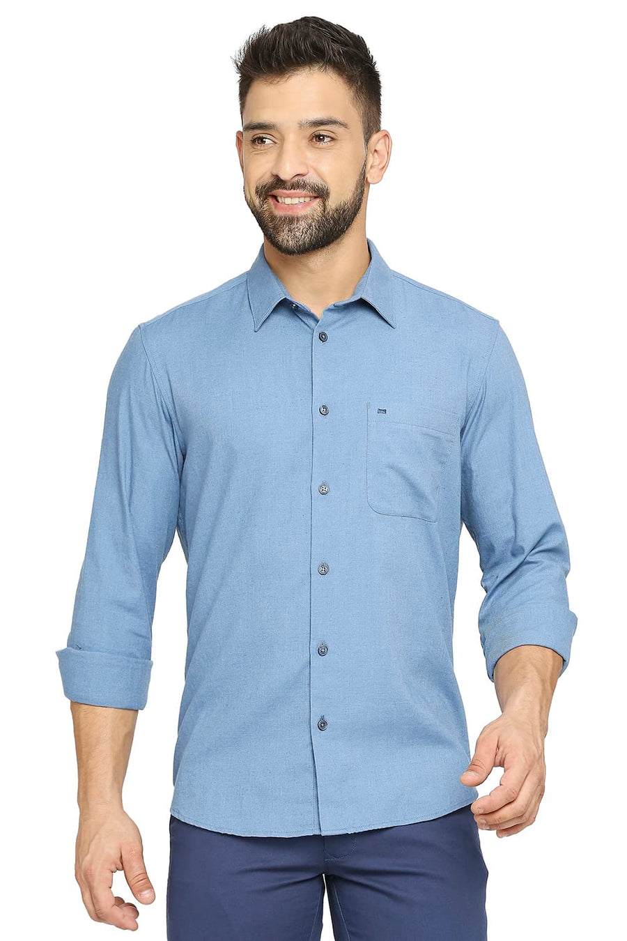 BASICS SLIM FIT CHINA BLUE POLYESTER COTTON LYOCELL TWILL SHIRT