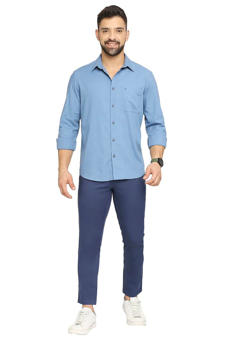 BASICS SLIM FIT CHINA BLUE POLYESTER COTTON LYOCELL TWILL SHIRT