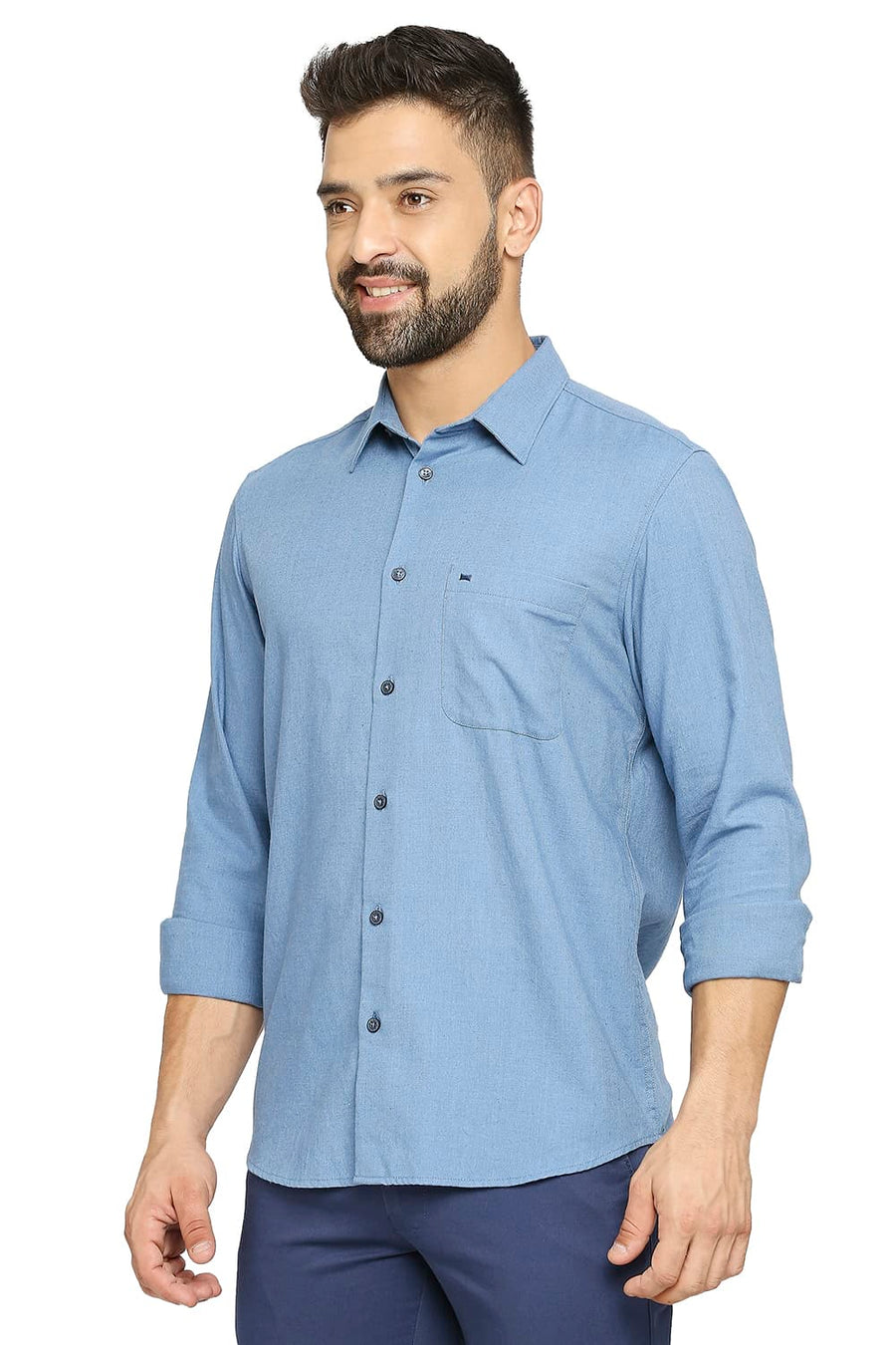 BASICS SLIM FIT CHINA BLUE POLYESTER COTTON LYOCELL TWILL SHIRT