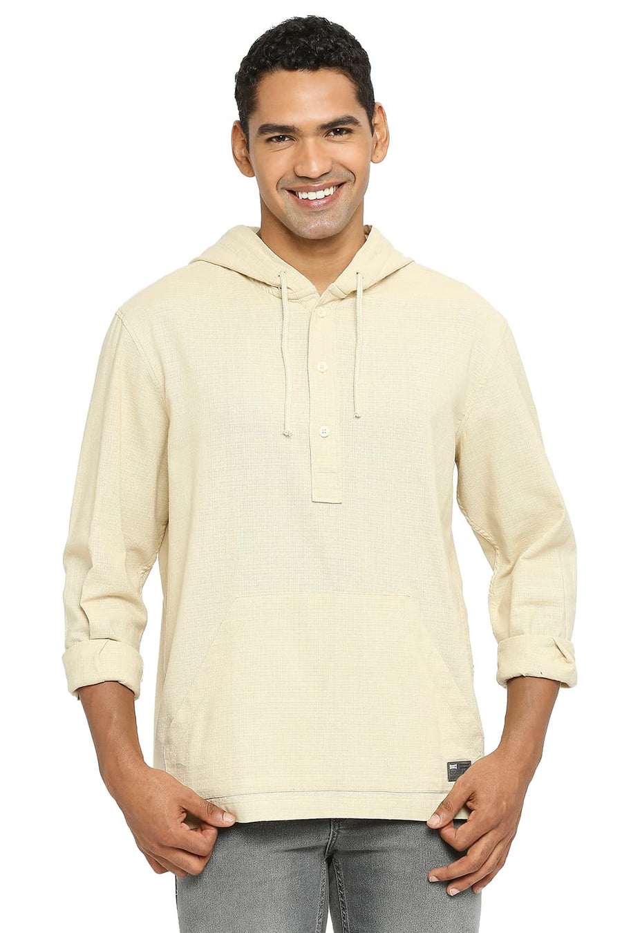 BASICS RELAXED FIT SAND BEIGE COTTON DOBBY SHIRT