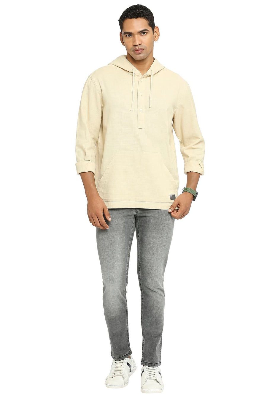 BASICS RELAXED FIT SAND BEIGE COTTON DOBBY SHIRT