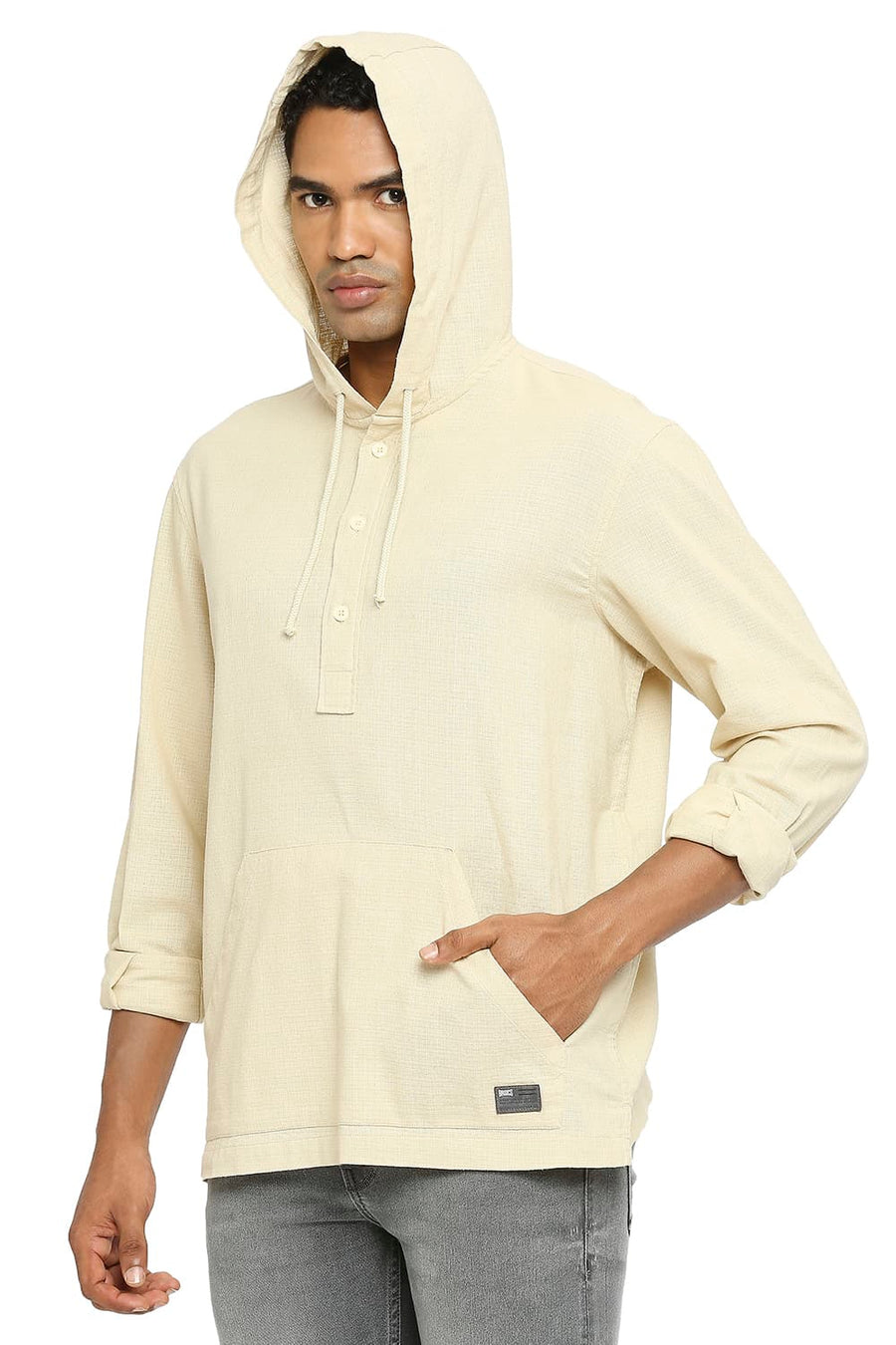 BASICS RELAXED FIT SAND BEIGE COTTON DOBBY SHIRT
