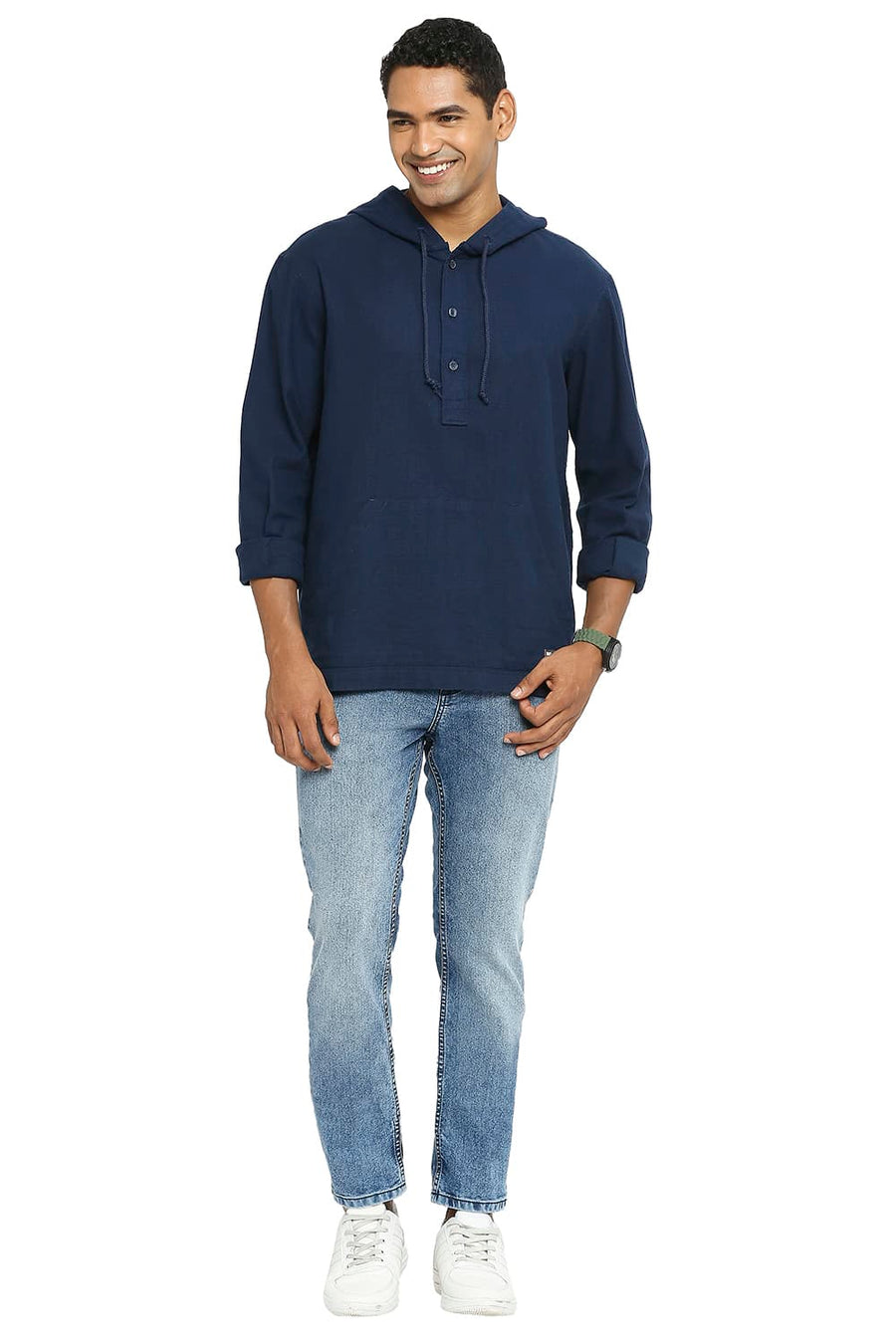 BASICS RELAXED FIT TRUE NAVY COTTON DOBBY SHIRT