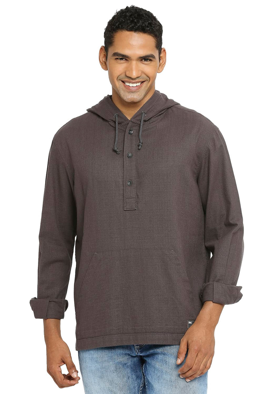 BASICS RELAXED FIT CHARCOAL GREY COTTON DOBBY SHIRT