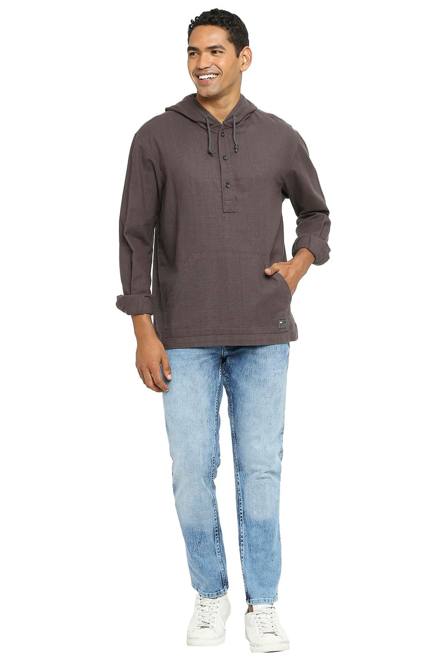 BASICS RELAXED FIT CHARCOAL GREY COTTON DOBBY SHIRT
