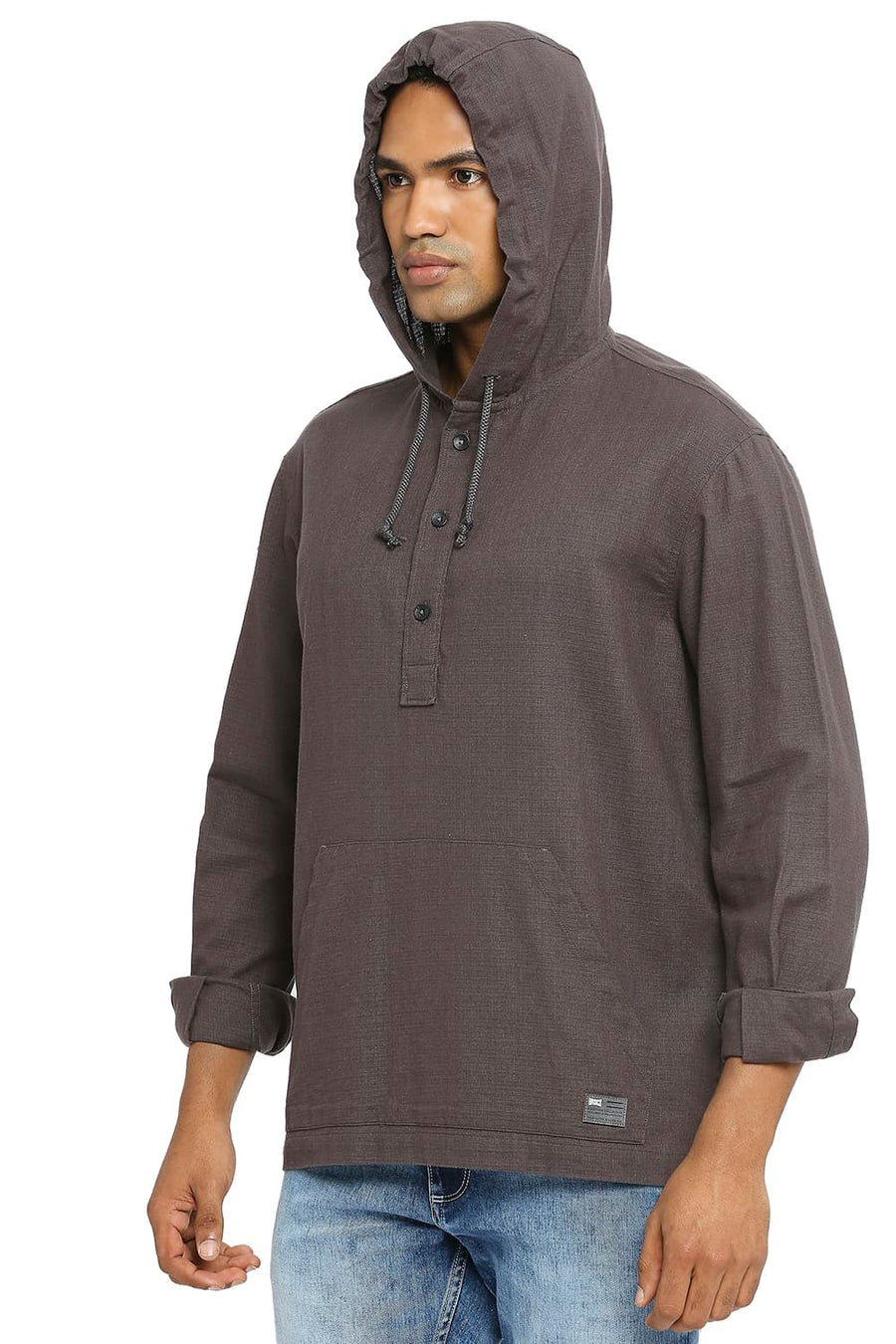 BASICS RELAXED FIT CHARCOAL GREY COTTON DOBBY SHIRT