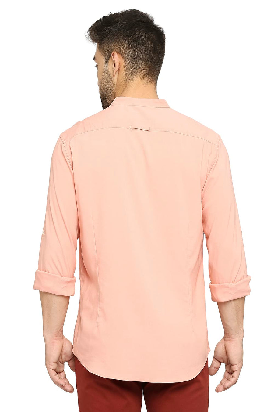 BASICS SLIM FIT CORAL PEACH VISCOSE POLYESTER STRETCH TWILL SHIRT