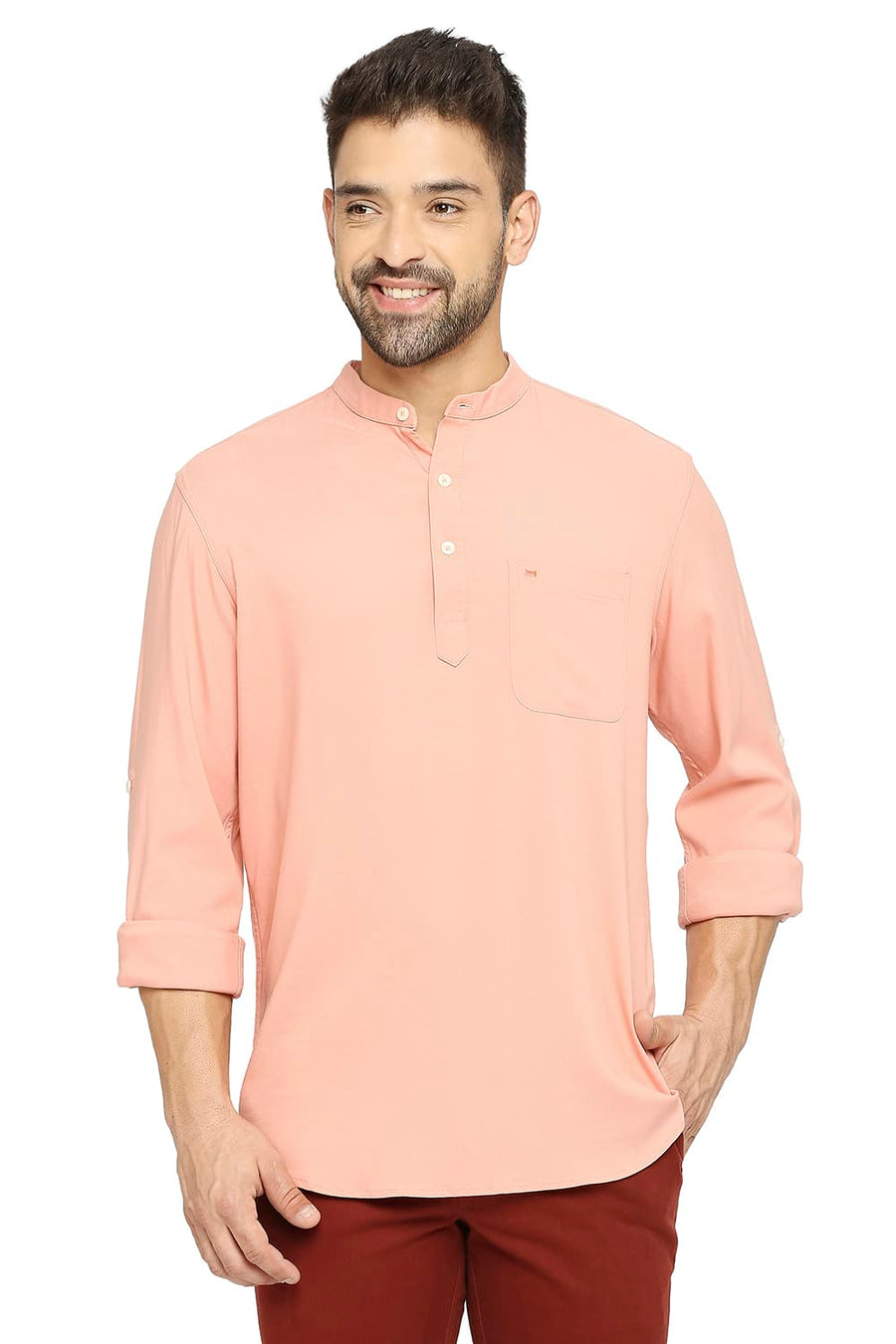 BASICS SLIM FIT CORAL PEACH VISCOSE POLYESTER STRETCH TWILL SHIRT