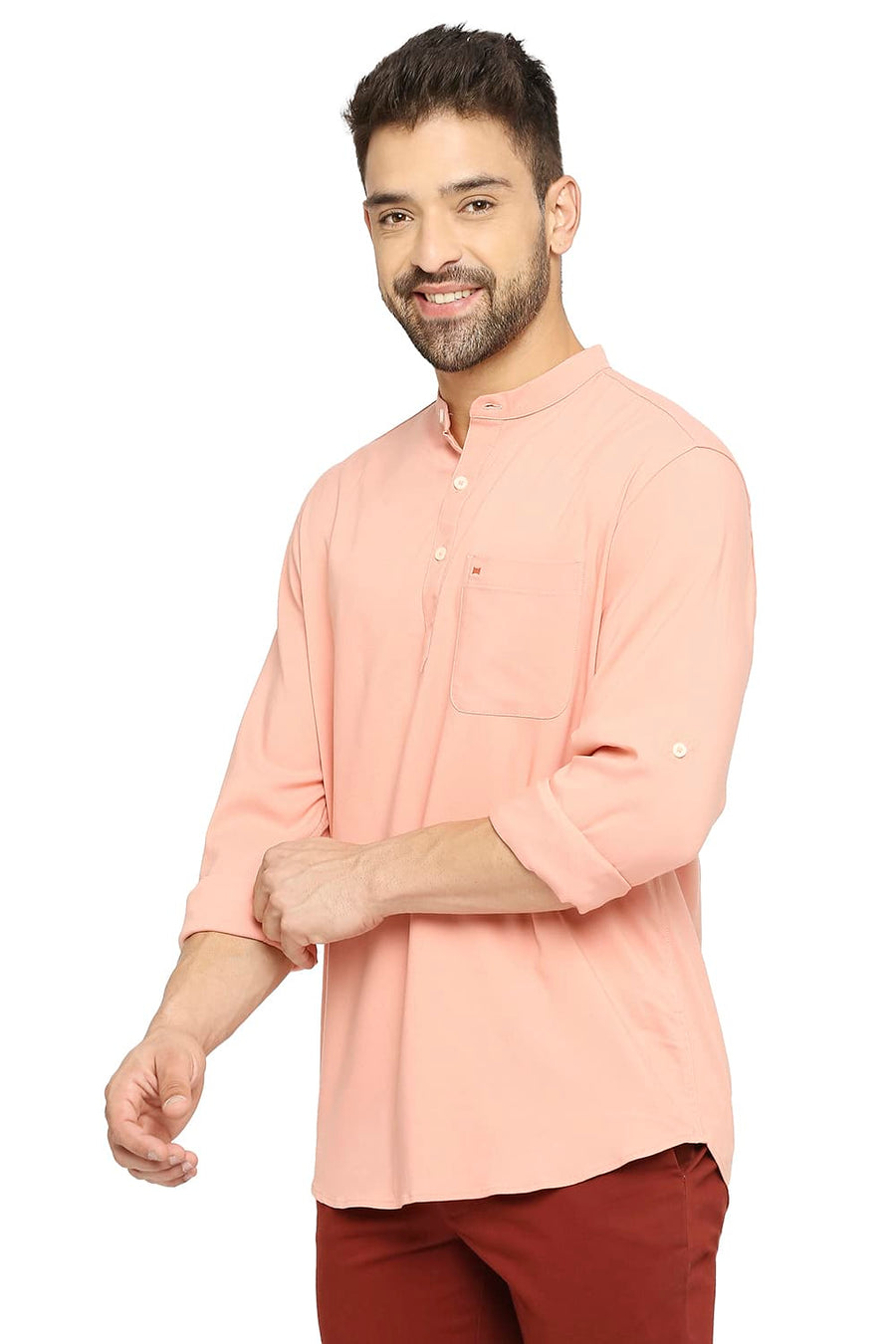 BASICS SLIM FIT CORAL PEACH VISCOSE POLYESTER STRETCH TWILL SHIRT