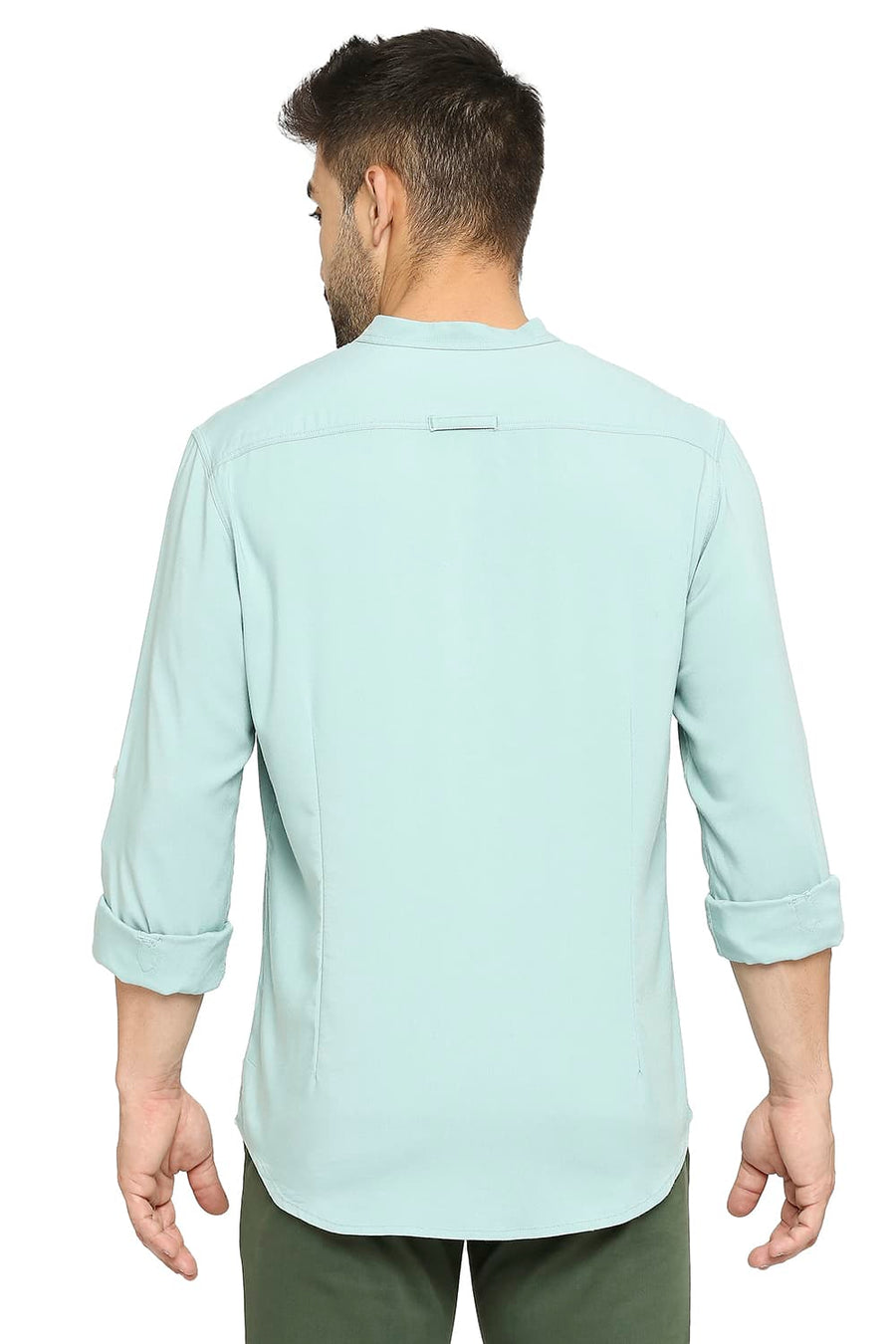 BASICS SLIM FIT WASABI GREEN VISCOSE POLYESTER STRETCH TWILL SHIRT