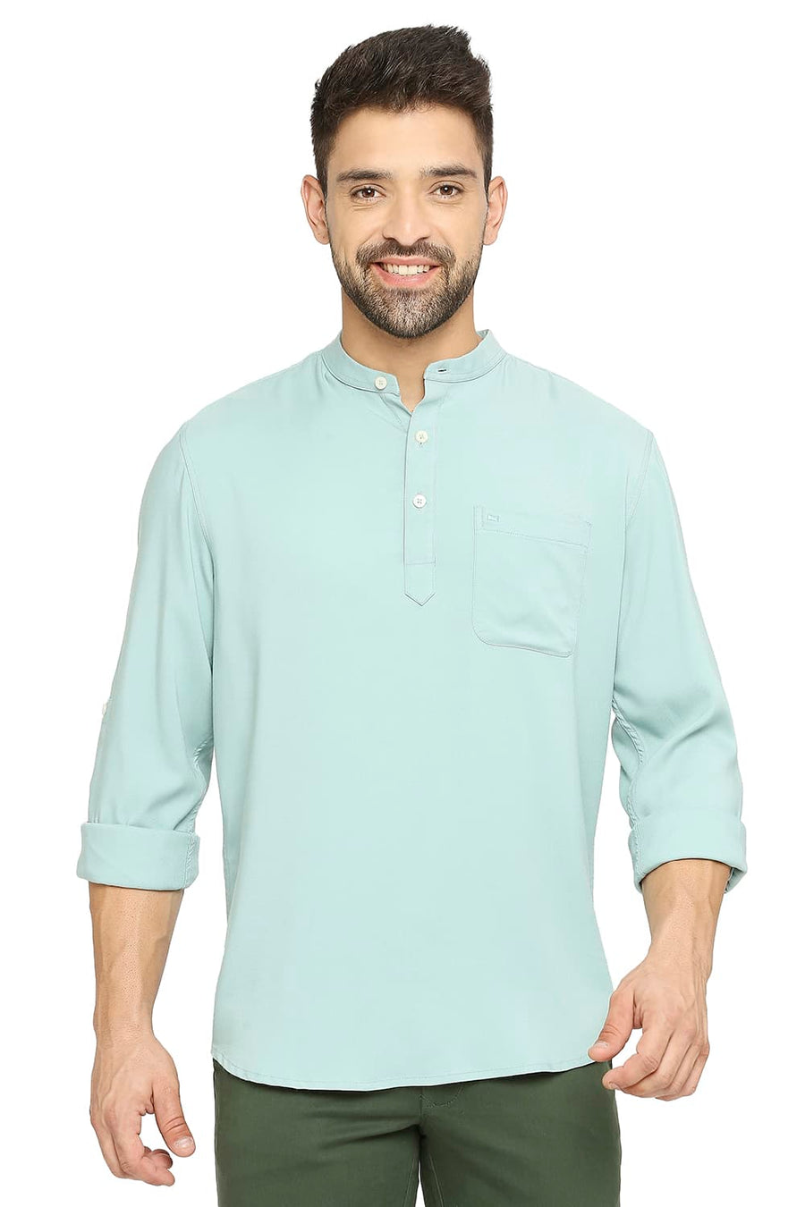 BASICS SLIM FIT WASABI GREEN VISCOSE POLYESTER STRETCH TWILL SHIRT