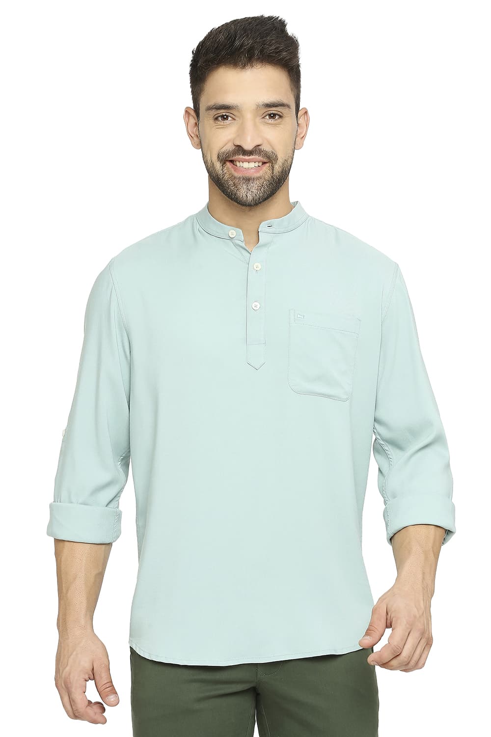 BASICS SLIM FIT VISCOSE POLYESTER STRETCH TWILL SHIRT