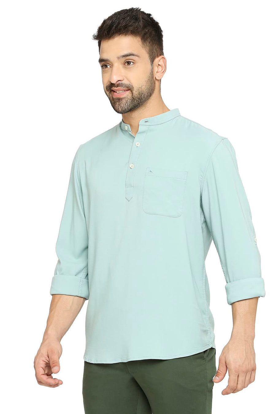 BASICS SLIM FIT WASABI GREEN VISCOSE POLYESTER STRETCH TWILL SHIRT