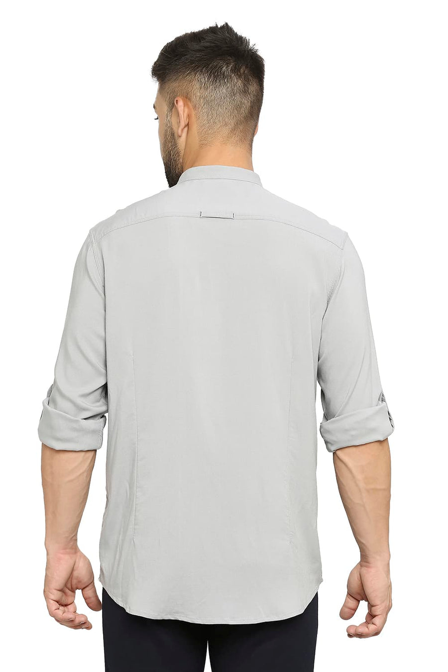 BASICS SLIM FIT ALLOY GREY VISCOSE POLYESTER STRETCH TWILL SHIRT