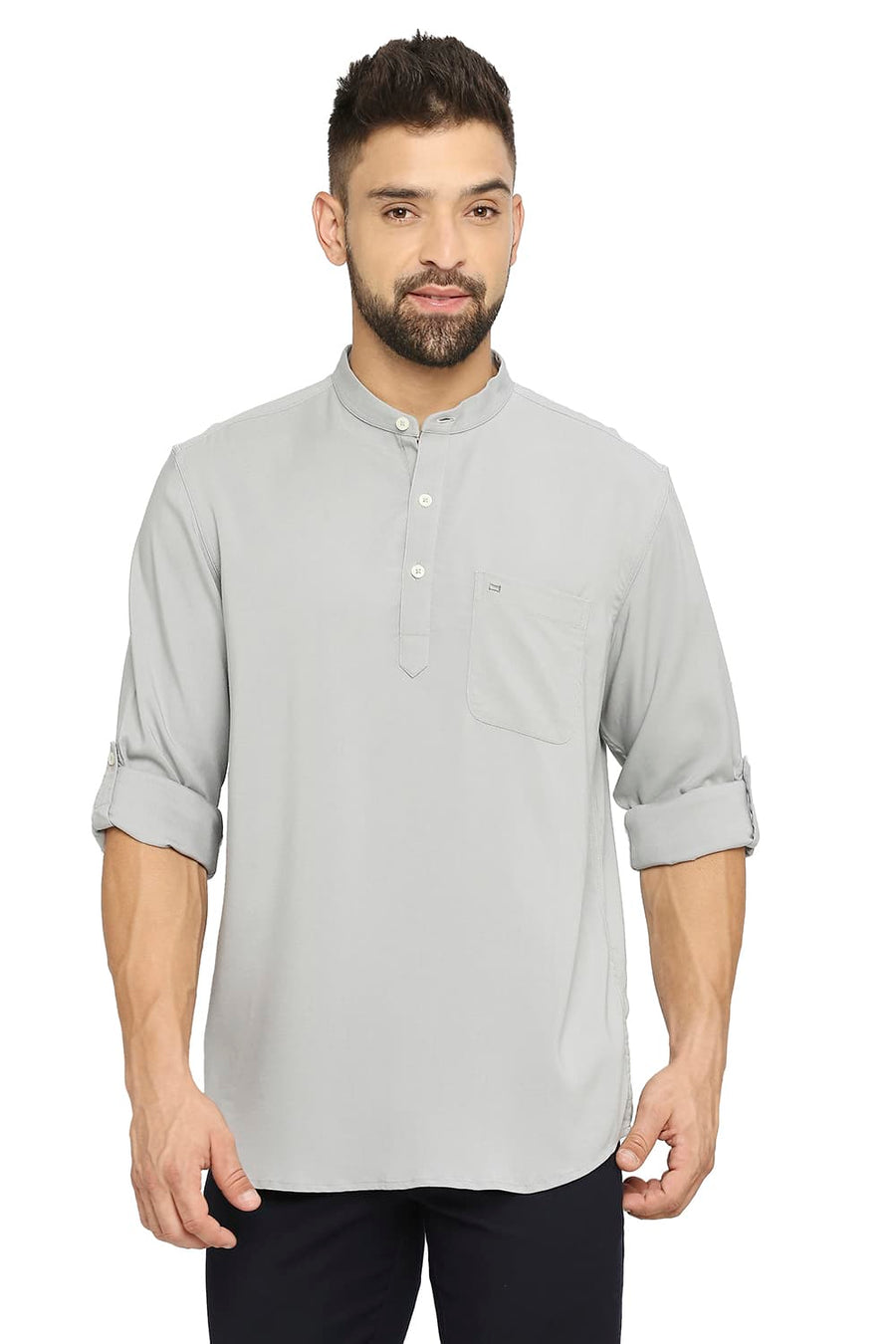 BASICS SLIM FIT ALLOY GREY VISCOSE POLYESTER STRETCH TWILL SHIRT