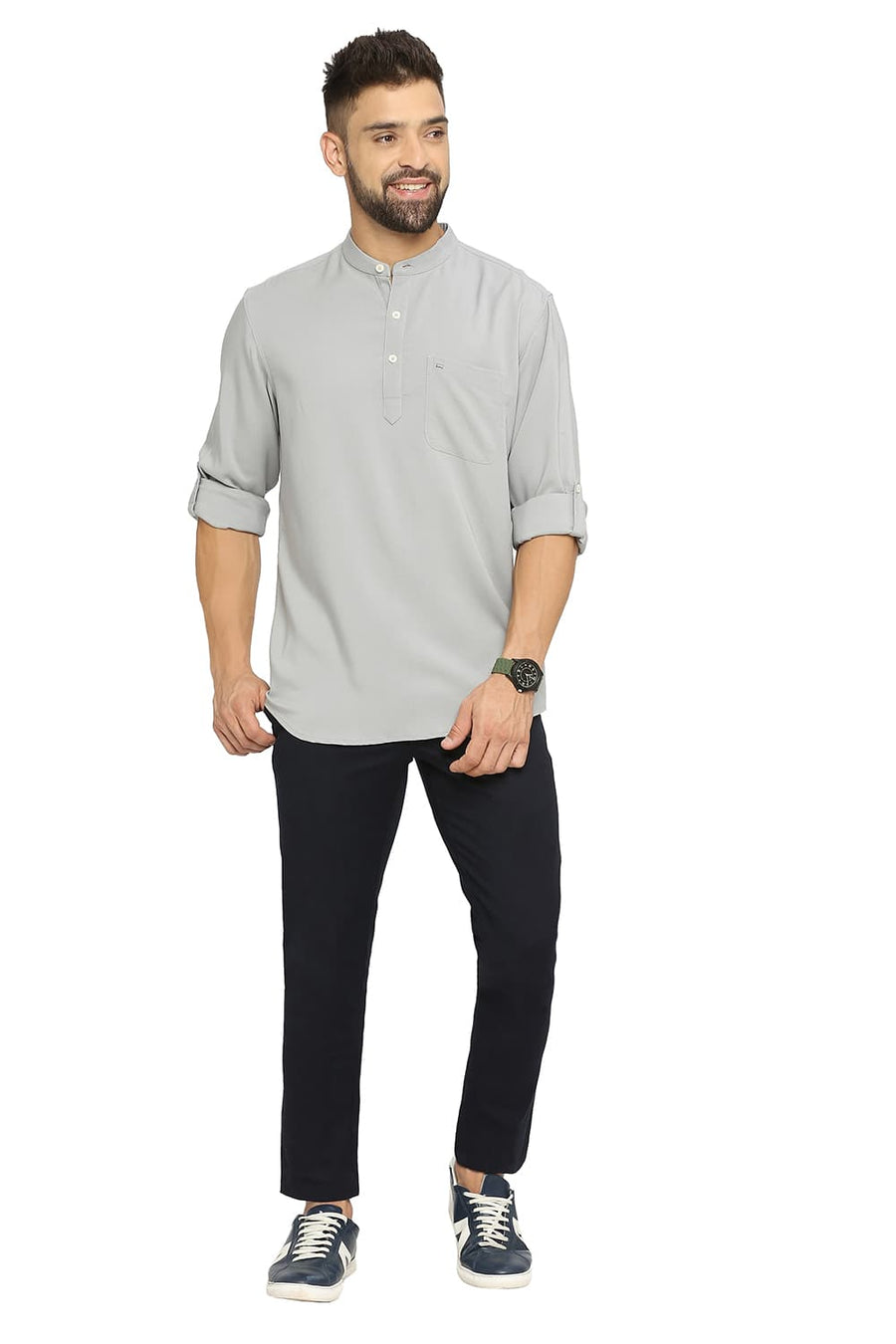 BASICS SLIM FIT ALLOY GREY VISCOSE POLYESTER STRETCH TWILL SHIRT