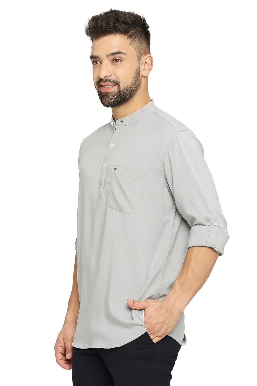BASICS SLIM FIT ALLOY GREY VISCOSE POLYESTER STRETCH TWILL SHIRT