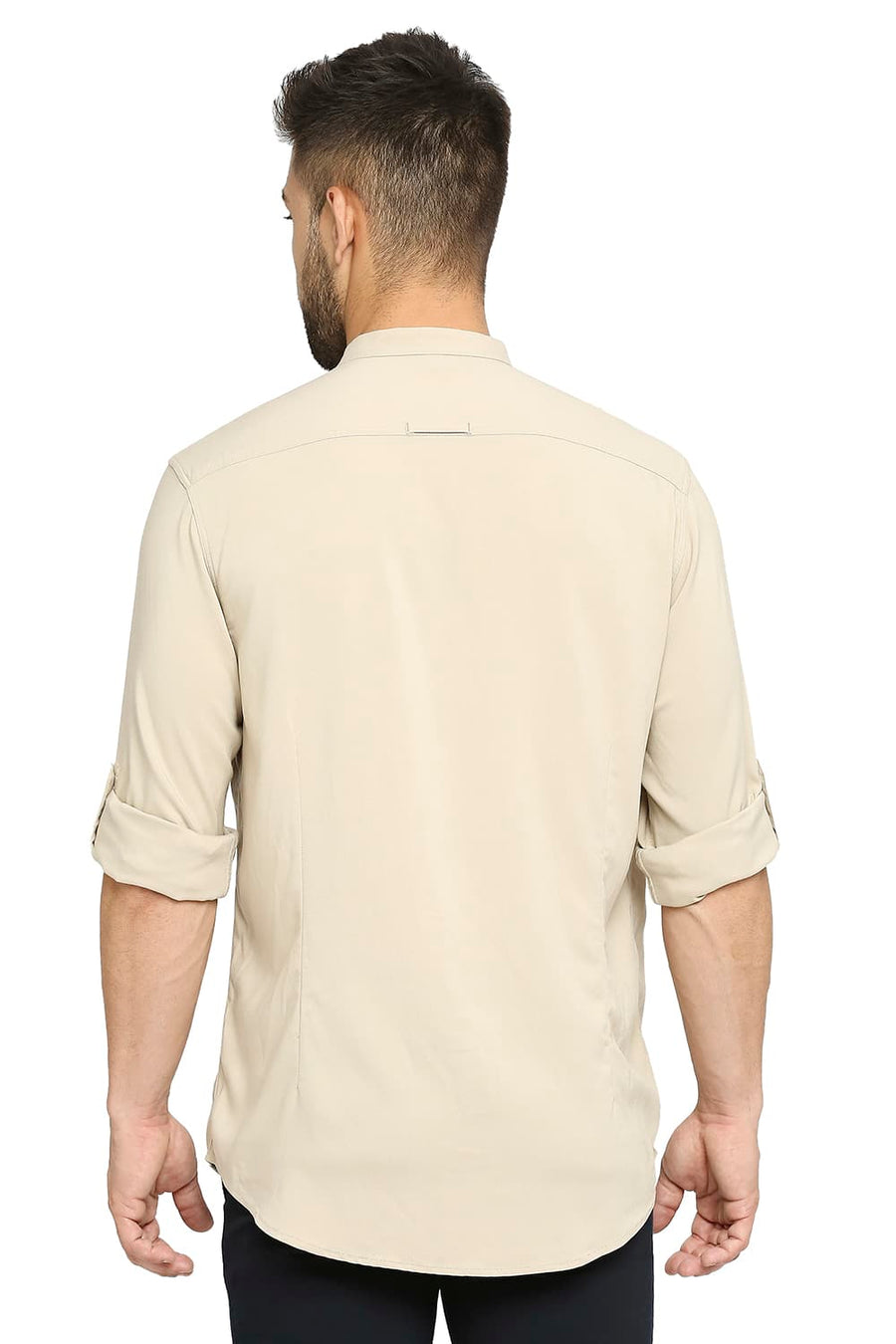 BASICS SLIM FIT SAFARI BEIGE VISCOSE POLYESTER STRETCH TWILL SHIRT