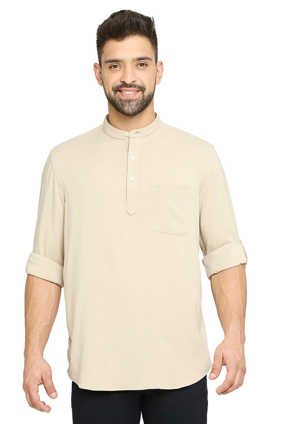 BASICS SLIM FIT SAFARI BEIGE VISCOSE POLYESTER STRETCH TWILL SHIRT