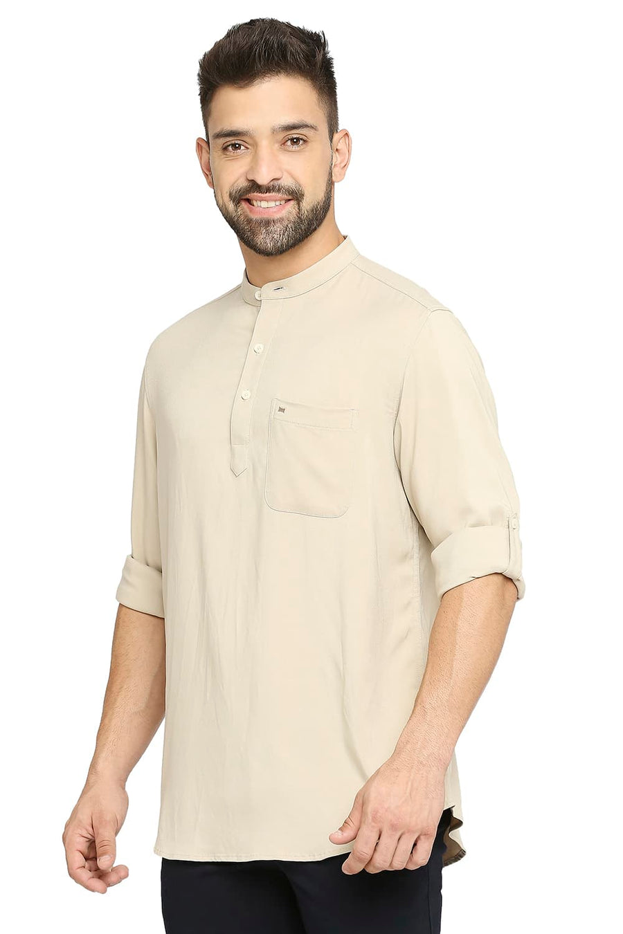BASICS SLIM FIT SAFARI BEIGE VISCOSE POLYESTER STRETCH TWILL SHIRT