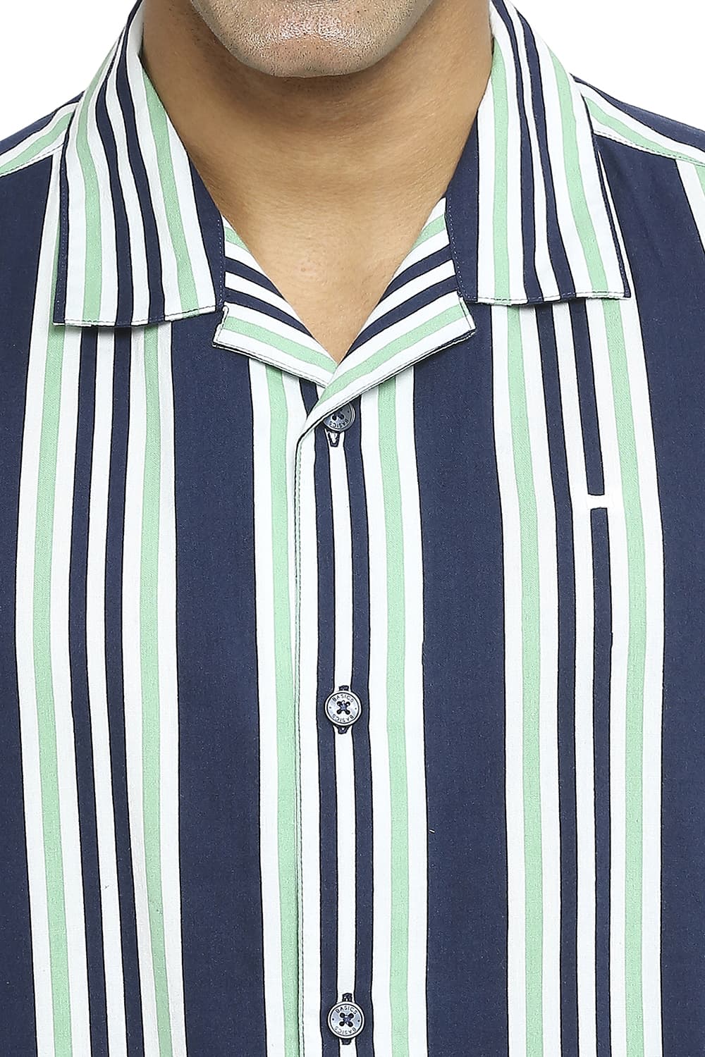 BASICS RELAXED FIT COTTON VISCOSE PRINTED STRIPE HALFSLEEVES SHIRT