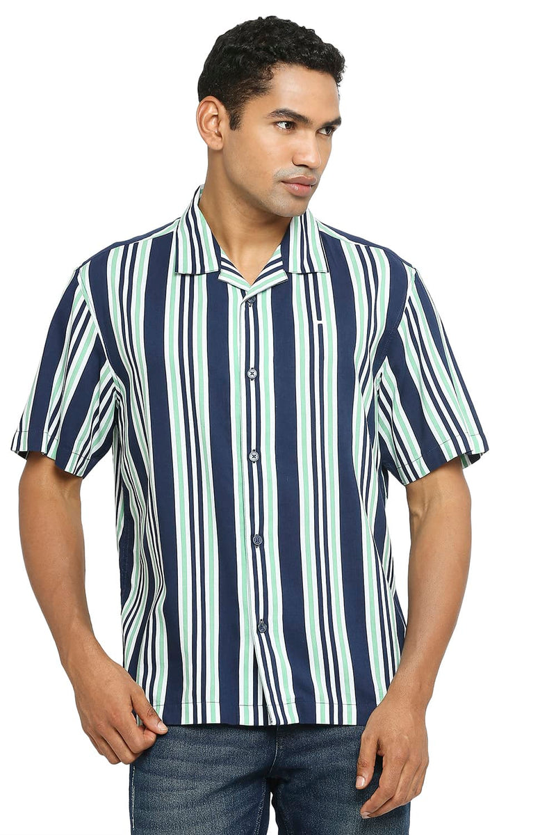 BASICS RELAXED FIT COTTON VISCOSE PRINTED STRIPE SHIRT