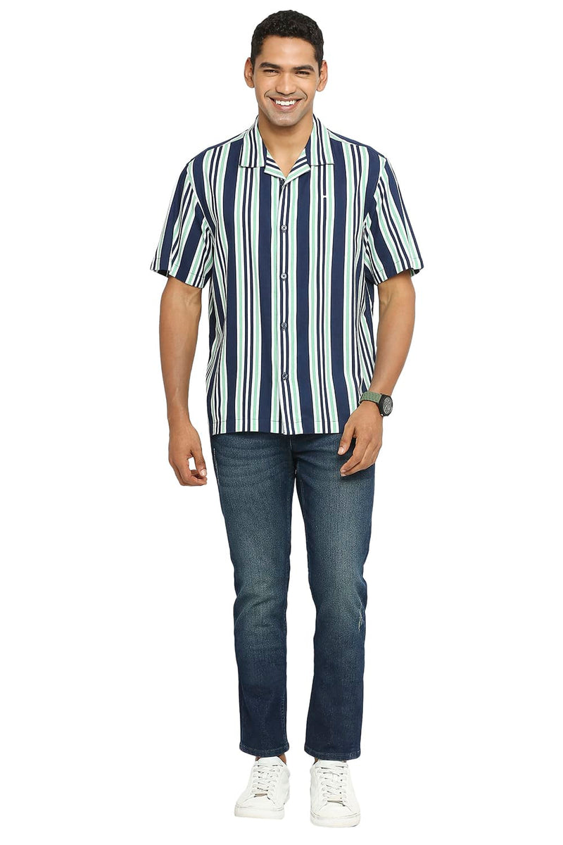 BASICS RELAXED FIT COTTON VISCOSE PRINTED STRIPE HALFSLEEVES SHIRT