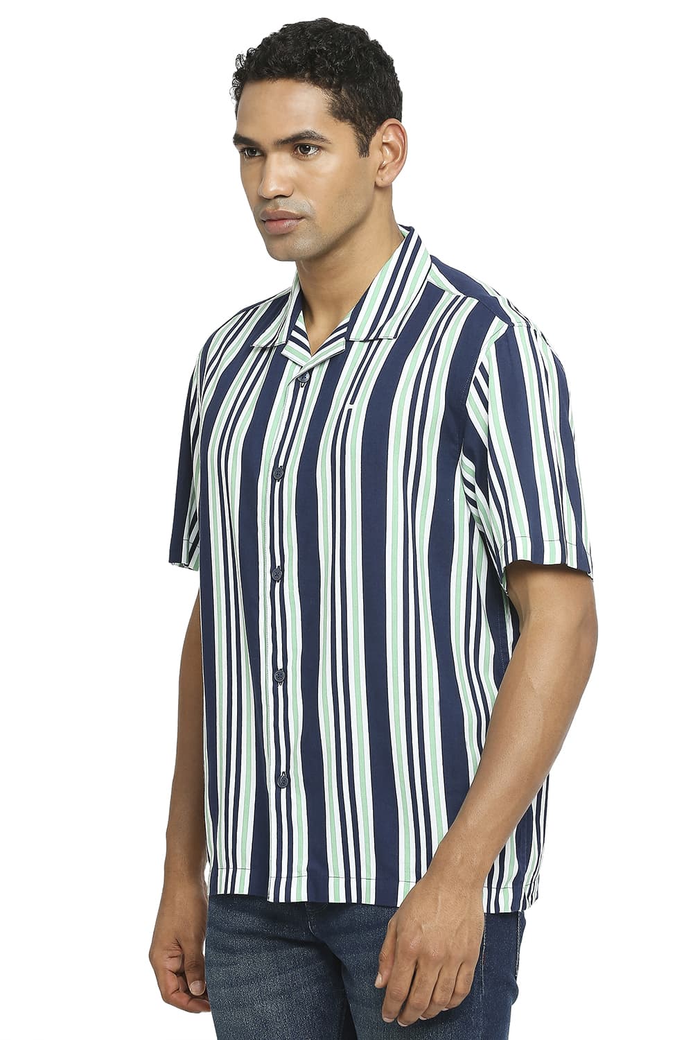 BASICS RELAXED FIT COTTON VISCOSE PRINTED STRIPE HALFSLEEVES SHIRT