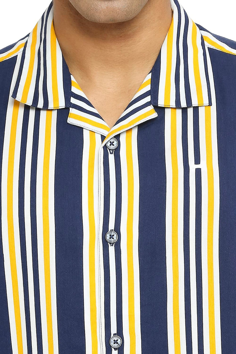 BASICS RELAXED FIT COTTON VISCOSE PRINTED STRIPE HALFSLEEVES SHIRT