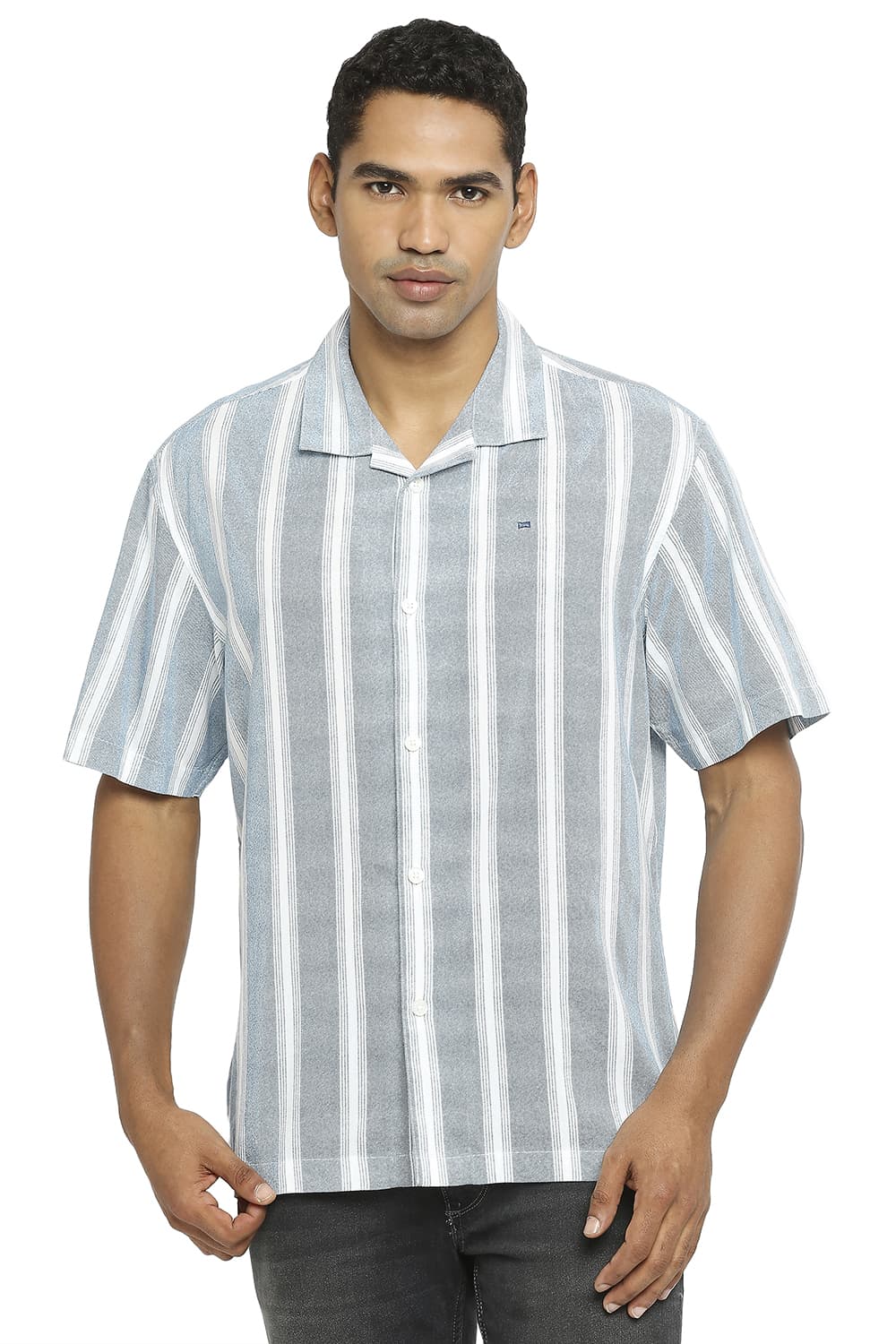 BASICS RELAXED FIT COTTON VISCOSE PRINTED STRIPE SHIRT