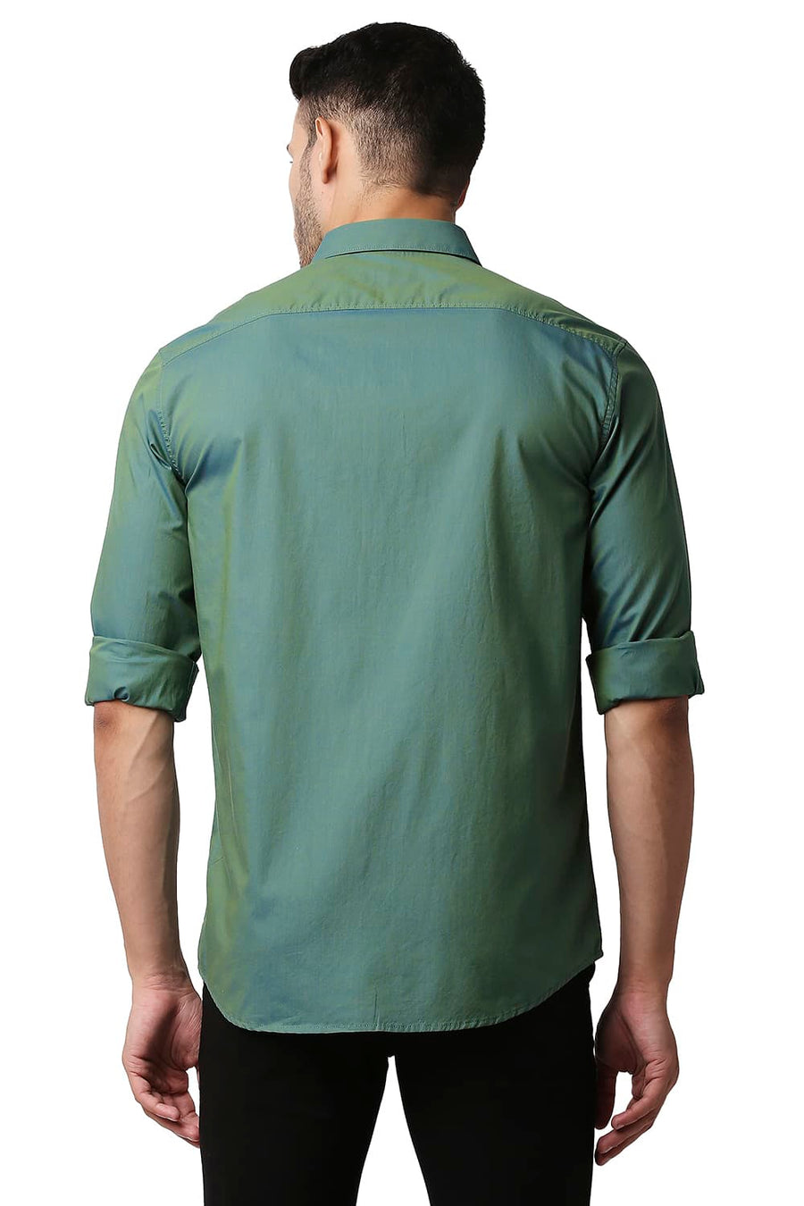 BASICS SLIM FIT JADEITE GREEN COTTON CHAMBRAY SHIRT