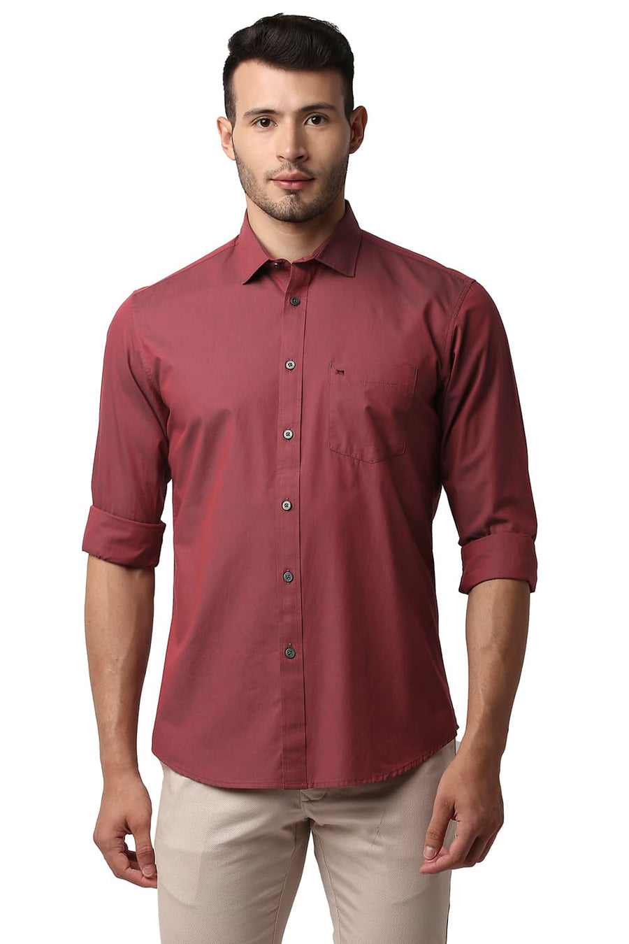 BASICS SLIM FIT POPPY RED COTTON CHAMBRAY SHIRT