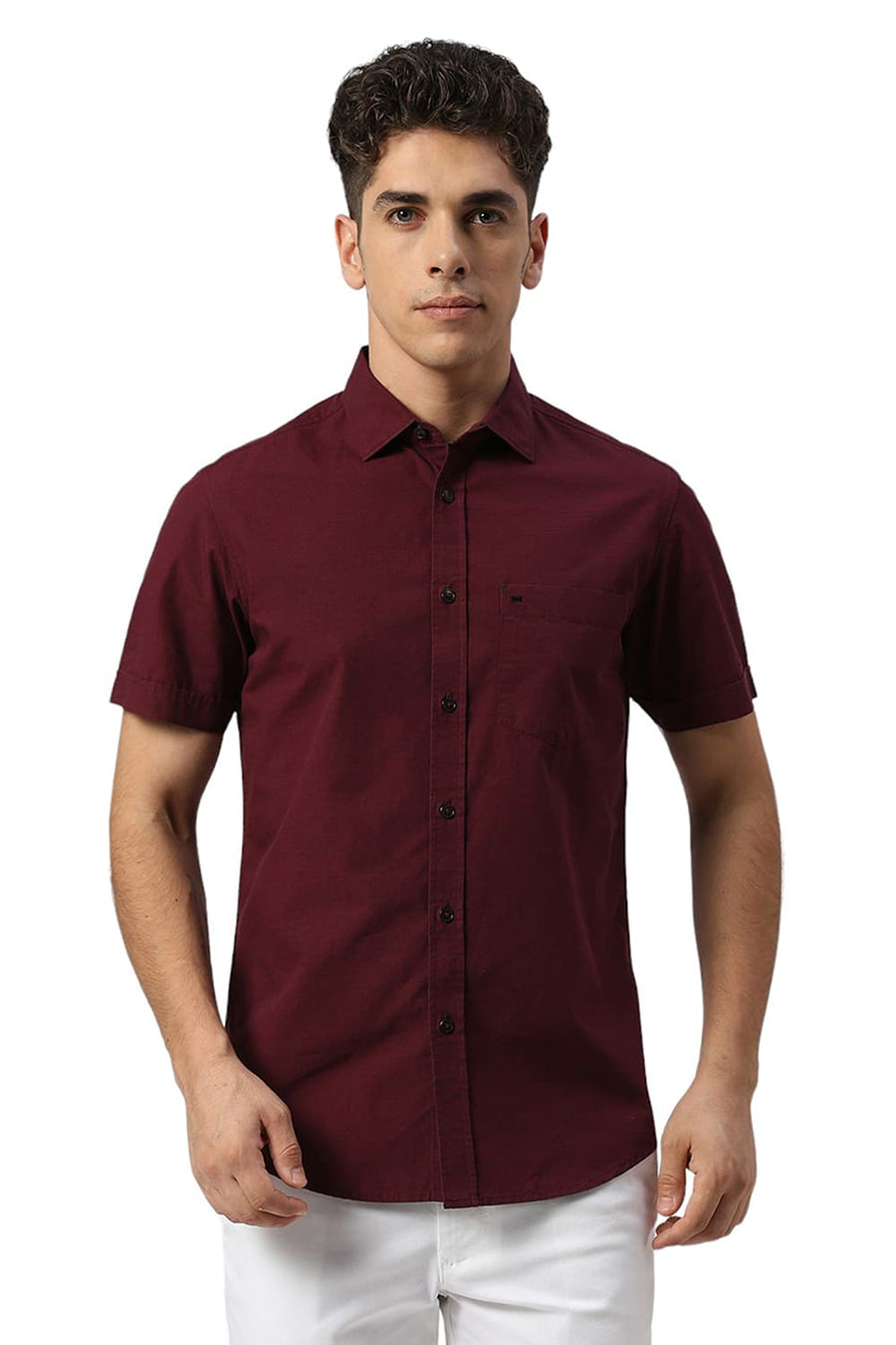 BASICS SLIM FIT PORT MAROON COTTON FIL A FIL HALFSLEEVES SHIRT