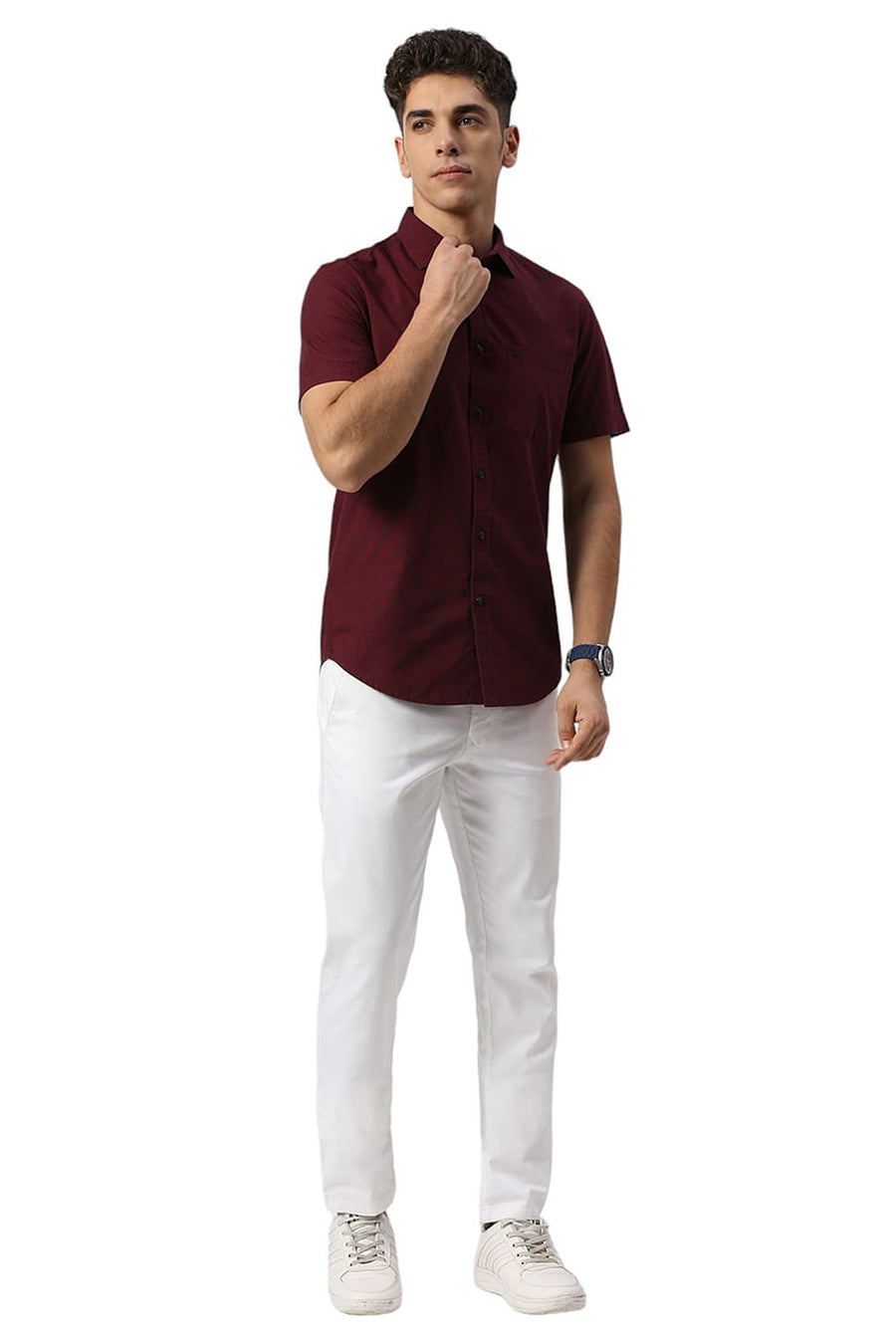 BASICS SLIM FIT PORT MAROON COTTON FIL A FIL HALFSLEEVES SHIRT