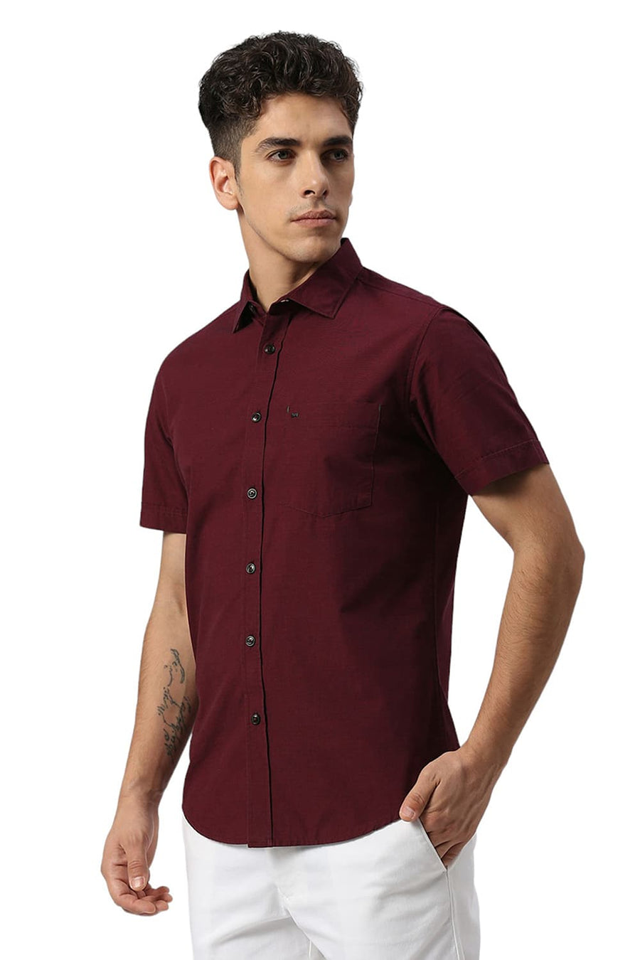 BASICS SLIM FIT PORT MAROON COTTON FIL A FIL HALFSLEEVES SHIRT