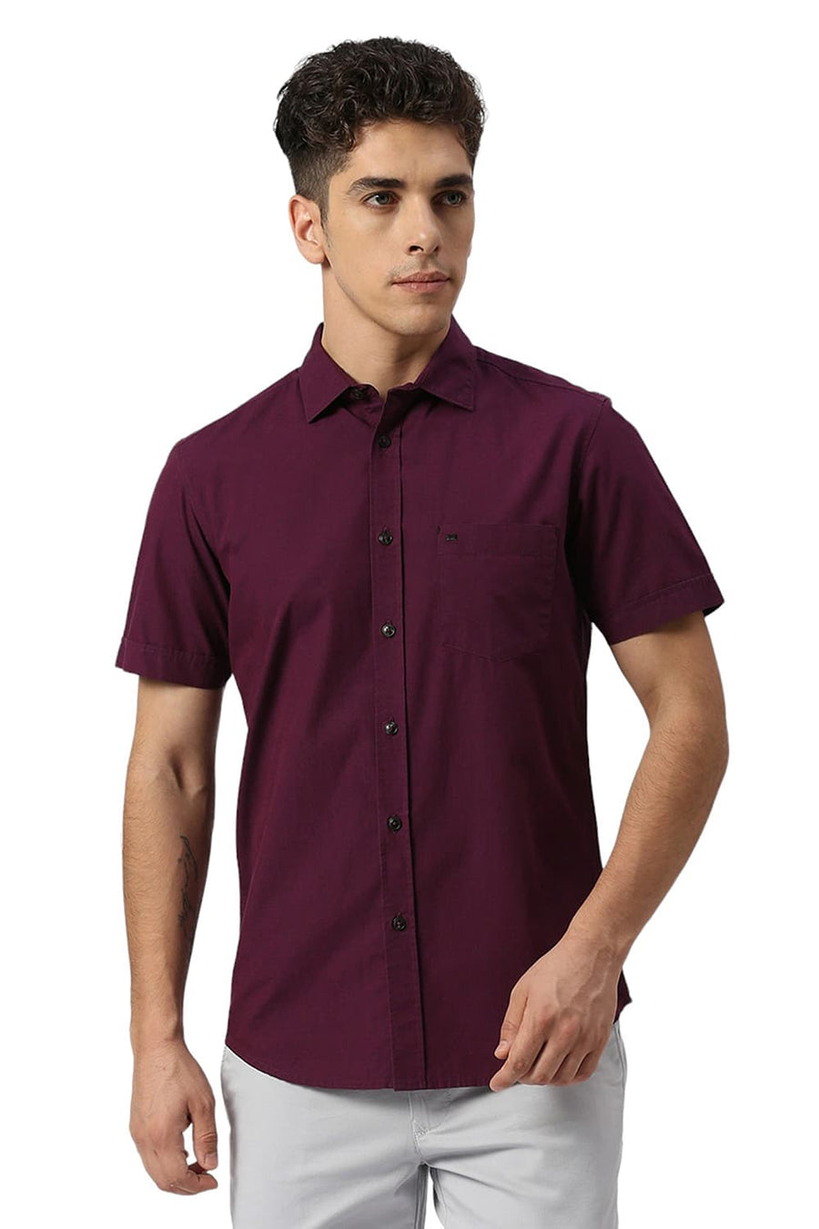 BASICS SLIM FIT MYSTICAL PURPLE COTTON FIL A FIL HALFSLEEVES SHIRT