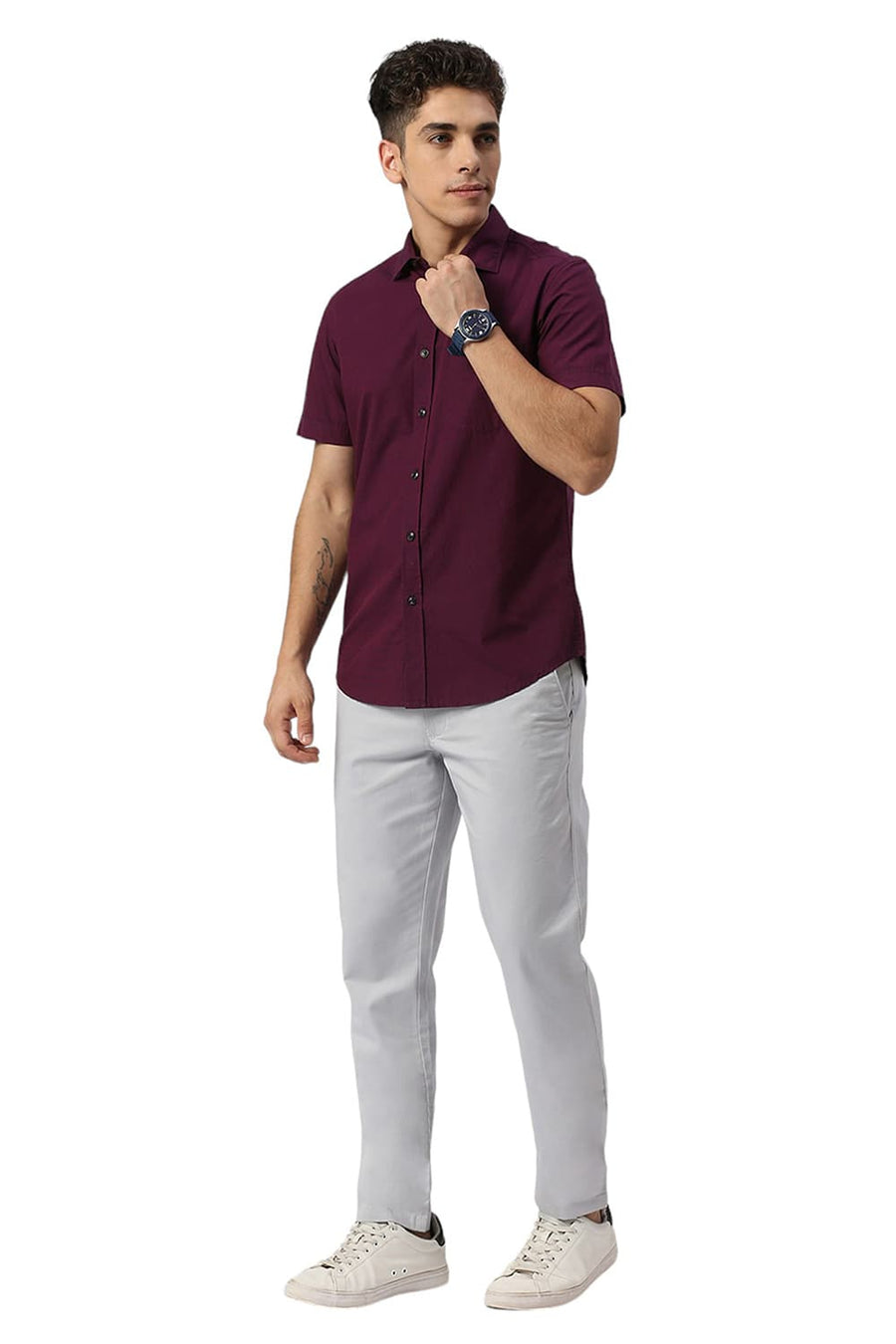 BASICS SLIM FIT MYSTICAL PURPLE COTTON FIL A FIL HALFSLEEVES SHIRT